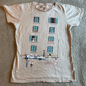 Threadless Cream Tee with Building and People Graphic